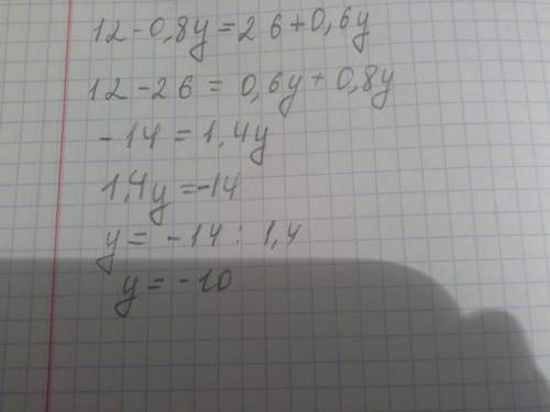 Решите уравнение г. 12 – 0,8у = 26 + 0,6у.