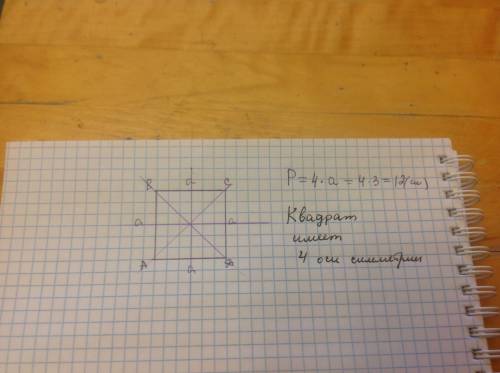 Постройте квадрат со стороной 3 см,вычислите его периметр.проведите оси симметрии построенного квадр