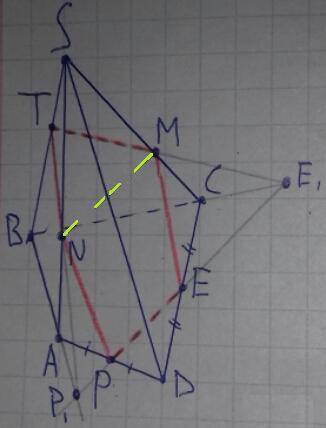 Sabcd четырехугольная пирамида.точка t лежит на ребре sb, точки p и e середины ребер ad и cdсоответс