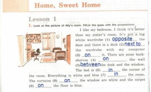 Look at the picture of ally's room. fill in the gaps with the prepositions. i like my bedroom. i thi