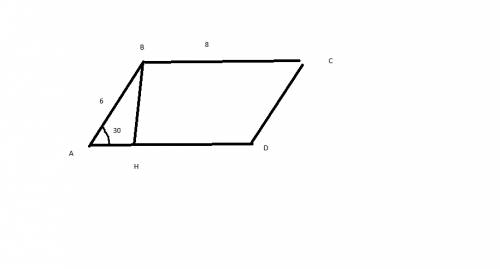 Дан параллелограмм abcd. верхнее основание =8, боковая сторона =6,угол а =30°,проведена высота. найт