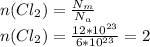 n(Cl_2) = \frac{N_m}{N_a} \\&#10;n(Cl_2) = \frac{12*10^{23}}{6*10^{23}} = 2