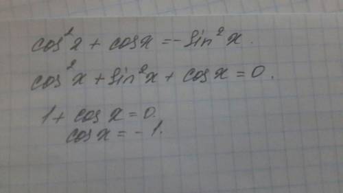 Решите уравнение cos^2x+cosx=-sin^2x