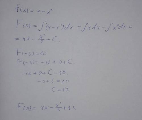 Найдите первообразную функции f(x) = 4 - x^2 график которой проходит через точку (- 3: 10).