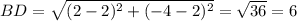 BD= \sqrt{(2-2) ^{2}+(-4-2) ^{2} }= \sqrt{36} =6