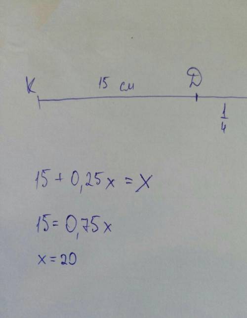 Точка d належить відрізку kf. обчислити довжину цього відрізку, якщо kd = 15см, а df у 4 рази менше,