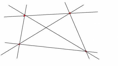 Даны 4 точки так,что никакие 3 из них не лежат на одной прямой. через каждые 2 точки проведена пряма