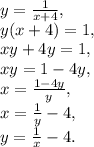y=\frac{1}{x+4}, \\ &#10;y(x+4)=1, \\ &#10;xy+4y=1, \\ &#10;xy=1-4y, \\ &#10;x=\frac{1-4y}{y}, \\ &#10;x=\frac{1}{y}-4, \\ &#10;y=\frac{1}{x}-4.
