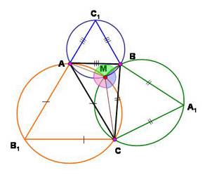 Внутри треугольника abc со сторонами bc=a, ac=b, ab=c выбрана точка m так, что ∠amb=∠bmc=∠cma. a=9,