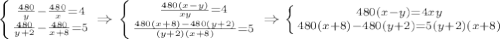 \left \{ {{ \frac{480}{y}- \frac{480}{x} =4} \atop {\frac{480}{y+2}- \frac{480}{x+8} =5}} \right.\Rightarrow \left \{ {{ \frac{480(x-y)}{xy} =4} \atop {\frac{480(x+8)-480(y+2)}{(y+2)(x+8)} =5}} \right.\Rightarrow \left \{ { 480(x-y)=4xy} \atop {480(x+8)-480(y+2)=5(y+2)(x+8)} \right.