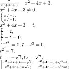 \frac{7}{x^2+4x+3}=x^2+4x+3, \\ x^2+4x+3 \neq 0, \\ \left \{ {{x \neq -3,} \atop {x \neq -1;}} \right. \\ x^2+4x+3=t, \\ \frac{7}{t}=t, \\ \frac{7}{t}-t=0, \\ \frac{7-t^2}{t}=0, 7-t^2=0, \\ t^2=7, \\ t_1=- \sqrt{7}, t_2= \sqrt{7}, \\ \left [ {{x^2+4x+3=- \sqrt{7},} \atop {x^2+4x+3= \sqrt{7};}} \right. \left [ {{x^2+4x+3+ \sqrt{7}=0,} \atop {x^2+4x+3-\sqrt{7}=0;}} \right. \\