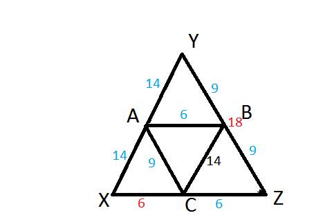 Втреугольнике xyz a,b,c -середины сторон xy,yz,xz соответственно. bc=14см,yz=18см,cx=6см. вычислить