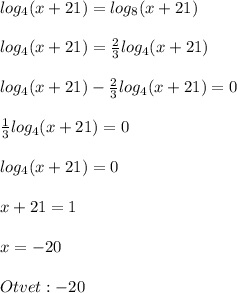 log_{4}(x+21)=log_{8}(x+21)\\\\log_{4}(x+21)=\frac{2}{3} log_{4}(x+21)\\\\log_{4}(x+21)-\frac{2}{3}log_{4}(x+21)=0\\\\\frac{1}{3}log_{4}(x+21)=0\\\\log_{4}(x+21)=0\\\\x+21=1\\\\x=-20\\\\Otvet:-20