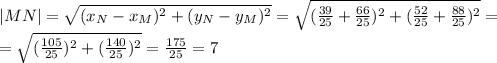 |MN|= \sqrt{(x_N-x_M) ^{2} +( y_N-y_M) ^{2}} = \sqrt{( \frac{39}{25}+ \frac{66}{25}) ^{2} +( \frac{52}{25}+ \frac{88}{25}) ^{2}}= \\ = \sqrt{( \frac{105}{25}) ^{2} +( \frac{140}{25})^{2}}= \frac{175}{25}=7