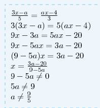 При каких значения а уравнение (3х-а)/5=(ах-4)/3 не имеет корней?