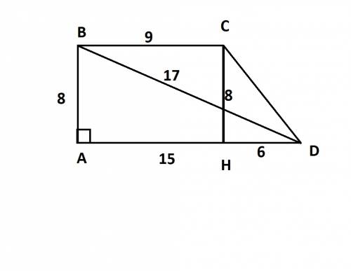 Меньшее основание прямоугольной трапеции равно 9 см, большая диагональ- 17 см, а высота - 8 см. найт