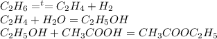 C_2H_6 =^t= C_2H_4 + H_2 \\ C_2H_4 + H_2O = C_2H_5OH \\ C_2H_5OH + CH_3COOH = CH_3COOC_2H_5