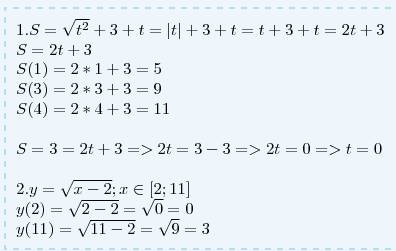 1. функция задана формулой s= корень из t в квадрате +3 +t (не под корнем) а) найдите s (1) s (3) s(