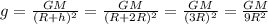 g= \frac{GM}{ (R+h)^{2} }= \frac{GM}{ (R+2R)^{2} }=\frac{GM}{ (3R)^{2}}=\frac{GM}{ 9R^{2} }