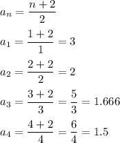 \displaystyle a_n= \frac{n+2}{2}\\\\a_1= \frac{1+2}{1}=3\\\\a_2= \frac{2+2}{2}=2\\\\a_3= \frac{3+2}{3}= \frac{5}{3}=1.666\\\\a_4= \frac{4+2}{4}= \frac{6}{4}=1.5