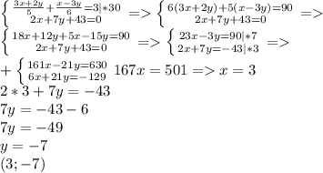 \left \{ {{ \frac{3x+2y}{5} + \frac{x-3y}{6} =3|*30} \atop {2x+7y+43=0}} \right. = \left \{ {{ 6(3x+2y)+5(x-3y)=90} \atop {2x+7y+43=0}} \right. = \\ &#10;\left \{ {{ 18x+12y+5x-15y=90} \atop {2x+7y+43=0}} \right. =\left \{ {{ 23x-3y=90|*7} \atop {2x+7y=-43|*3}} \right. = \\ &#10;+\left \{ {{ 161x-21y=630} \atop {6x+21y=-129}} \right. 167x=501=x=3 \\ 2*3+7y=-43 \\ 7y=-43-6 \\ 7y=-49 \\ y=-7 \\ (3;-7)