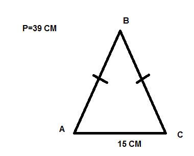 Периметр равнобедренного треугольника равен 39см,а основание 15 см. найдите боковые стороны треуголь