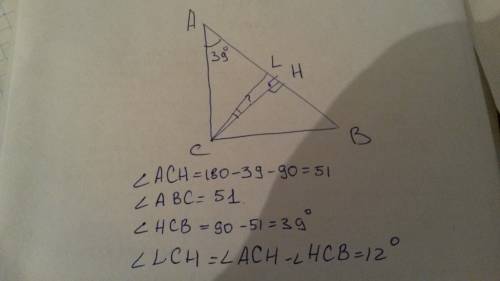 Впрямоугольном треугольнике авс угол с – прямой. сl – медиана, сн – высота, ∠ а = 39о . найдите ∠ нс