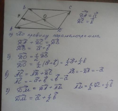 Abcd-параллелограмм, 0-точка пересечения диагоналей. м- середина ав, da(вектор)=а (вектор). dc( вект