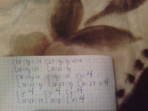 Решите систему уравнений методом подстановки 5x-7y=-11 и 3x+7y=27?