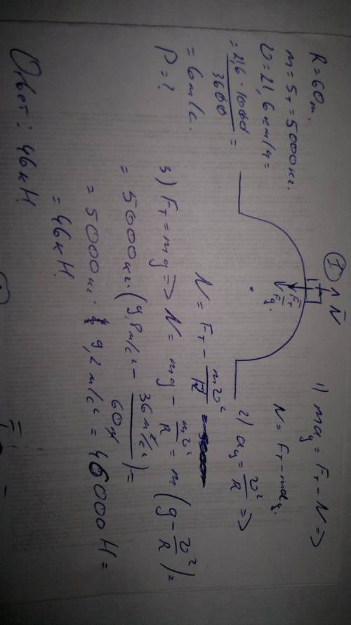 Радиус кривизны моста 60м. чему равен вес автомобиля в верхней точке моста, если его масса 5 т и он