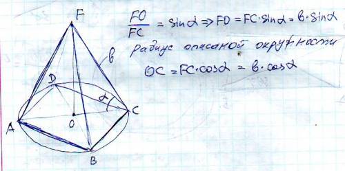 Боковое ребро правильной четырехугольной пирамиды равно b и наклонено к плоскости основания под угло