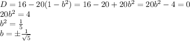 D=16-20(1-b^2)=16-20+20b^2=20b^2-4=0\\20b^2=4\\b^2=\frac15\\b=\pm\frac1{\sqrt5}