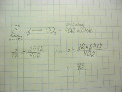 По уравнению реакции: с+о2 равно со2+402 кдж вычислите массу сгоревшего угля если выделилось 2412 кд