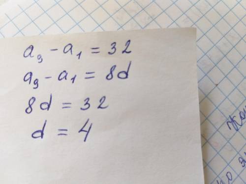 Варифметической прогрессии: a9 - a1 = 32 найдите d​