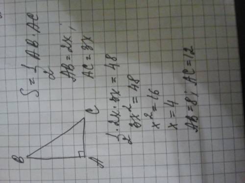 Площадь прямоугольного треугольника равна 48 кв м.найдите его катеты,если они относятся как 2: 3.