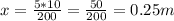 x= \frac{5*10}{200} = \frac{50}{200} =0.25m