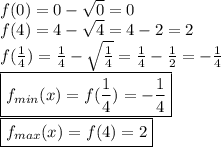 f(0)=0-\sqrt{0}=0\\f(4)=4-\sqrt{4}=4-2=2\\f(\frac{1}{4})=\frac{1}{4}-\sqrt{\frac{1}{4}}=\frac{1}{4}-\frac{1}{2}=-\frac{1}{4}\\\boxed{f_{min}(x)=f(\frac{1}{4})=-\frac{1}{4}}\\\boxed{f_{max}(x)=f(4)=2}