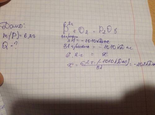 Термохімічне рівняння реакції горіння фосфору: p + o2 → p2o5; ∆h = -1010 кдж. скільки теплоти виділи