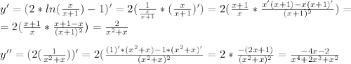 y'=(2*ln(\frac{x}{x+1})-1)'=2(\frac{1}{\frac{x}{x+1}}*(\frac{x}{x+1})')=2(\frac{x+1}{x}*\frac{x'(x+1)-x(x+1)'}{(x+1)^2})=\\=2(\frac{x+1}{x}*\frac{x+1-x}{(x+1)^2})=\frac{2}{x^2+x}\\\\y''=(2(\frac{1}{x^2+x}))'=2(\frac{(1)'*(x^2+x)-1*(x^2+x)'}{(x^2+x)^2}=2*\frac{-(2x+1)}{(x^2+x)^2}=\frac{-4x-2}{x^4+2x^3+x^2}