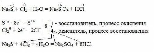 Na2s+cl2+h2o=na2so4+hcl укажите окислитель и восстановитель.методом электронного расставьте коэфицие