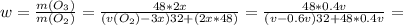 w = \frac{m(O_3)}{m(O_2)} = \frac{48*2x}{(v(O_2)-3x)32+(2x*48)} =\frac{48*0.4v}{(v-0.6v)32+48*0.4v} =