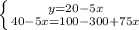 \left \{ {{y=20-5x} \atop {40-5x=100-300+75x}} \right.