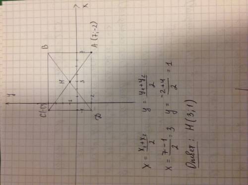 Диагонали прямоугольника abcd пересекаются в точке н определите ее координаты , если а (7; -2); с(-1