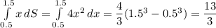\int\limits^{1.5}_{0.5}x\,dS=\int\limits^{1.5}_{0.5}4x^2\,dx=\dfrac43(1.5^3-0.5^3)=\dfrac{13}3