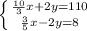 \left \{ {{ \frac{10}{3}x+2y=110} \atop { \frac{3}{5}x-2y =8}} \right.