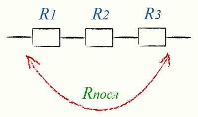 Изобразите схему последовательного соединения трёх резистеров.