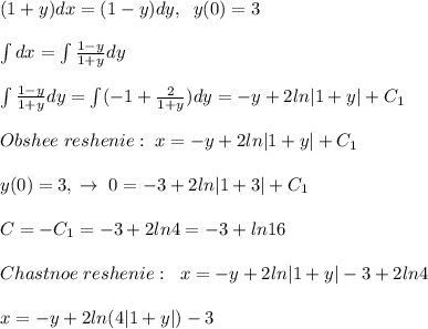 (1+y)dx=(1-y)dy,\; \; y(0)=3\\\\\int dx=\int \frac{1-y}{1+y}dy\\\\\int \frac{1-y}{1+y}dy=\int (-1+\frac{2}{1+y})dy=-y+2ln|1+y|+C_1\\\\Obshee\; reshenie:\; x=-y+2ln|1+y|+C_1\\\\y(0)=3,\; \to \; 0=-3+2ln|1+3|+C_1\\\\C=-C_1=-3+2ln4=-3+ln16\\\\Chastnoe\; reshenie:\; \; x=-y+2ln|1+y|-3+2ln4\\\\x=-y+2ln(4|1+y|)-3