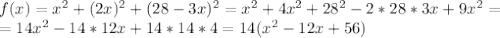 f(x)=x^2+(2x)^2+(28-3x)^2=x^2+4x^2+28^2-2*28*3x+9x^2=\\=14x^2-14*12x+14*14*4=14(x^2-12x+56)