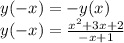 y(-x)=-y(x)\\y(-x)=\frac{x^2+3x+2}{-x+1}
