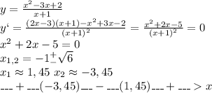 y=\frac{x^2-3x+2}{x+1}\\y`=\frac{(2x-3)(x+1)-x^2+3x-2}{(x+1)^2}=\frac{x^2+2x-5}{(x+1)^2}=0\\x^2+2x-5=0\\x_{1,2}=-1^+_-\sqrt{6}\\x_1\approx1,45\ x_2\approx-3,45\\\_\_\_+\_\_\_(-3,45)\_\_\_-\_\_\_(1,45)\_\_\_+\_\_\_x